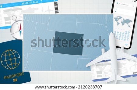 Journey to Colorado, illustration with a map of Colorado. Background with airplane, cell phone, passport, compass and tickets. Vector mockup.