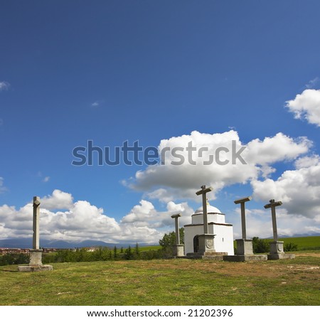 Glade with a chapel and memorable crosses in the ancient Spanish city of Segovia