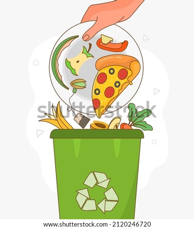 Food waste concept. Hand throws food into trash, recycling and proper disposal of waste. Unsavory pizza, food leftovers. Throw away groceries after shelf life end. Cartoon flat vector illustration