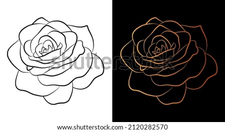 Rose flower outline icon, simple doodle sketch line art style, black and gold floral botany set. Beauty elegant logo design. Graphic isolated symbol drawing. Flat shape, wedding tattoo card.