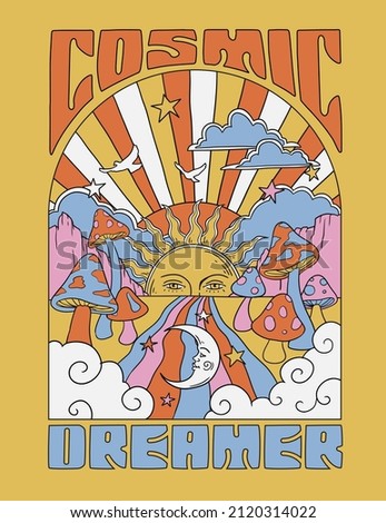 Retro 60’s Cosmic Dreamer Psychedelic Hippy Mushroom Sunshine and Rainbows Illustration Print. Royalty-Free Stock Photo #2120314022