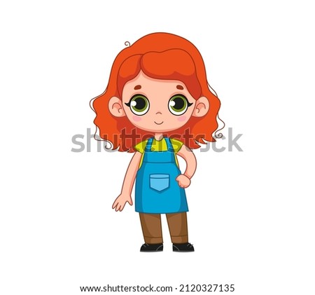 Red-haired cute girl in a blue apron, florist and gardener costume. Vector illustration of florist character in cartoon childish style. Isolated funny man clipart. cute desktop print.