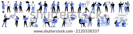 Linear vector illustration set of negotiating business people. Diverse men and women at business meetings, conclude an agreement, agree on cooperation, negotiate, shake hands, sell goods and services. Royalty-Free Stock Photo #2120338337