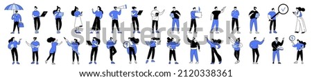 Linear vector illustration set of business people in work process. Men and women thinking about problem solution, showing a plan, pointing, explaining the presentation, searching for strategic data. Royalty-Free Stock Photo #2120338361