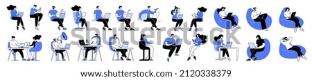 Linear vector illustration set of isolated people with computers at workplace virtual video conference call and meeting. Diverse men and women with laptops at remote work online business communication
