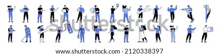 Linear vector isolated illustration set of people working in different industries, professional workers in their fields. Police officer, construction worker, road worker, electrician, office clerk. Royalty-Free Stock Photo #2120338397