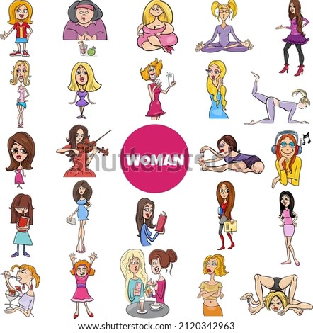 Cartoon illustration of women and girls characters big set