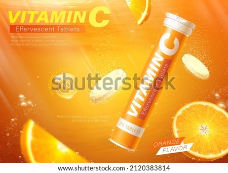 Vitamin C tablet ad. 3D Illustration of orange flavor effervescent tablets dissolving in the fizzy and bubbling water on orange background Royalty-Free Stock Photo #2120383814