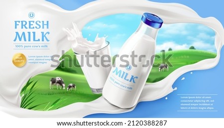3d fresh milk ad template. Cows on green farm field background. Milk splash with glass cup and glass bottle package. Royalty-Free Stock Photo #2120388287