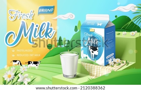 3d farm owned milk ad banner. Milk carton box package and glasses on grass stair stages with cows and grazing scenery. Royalty-Free Stock Photo #2120388362