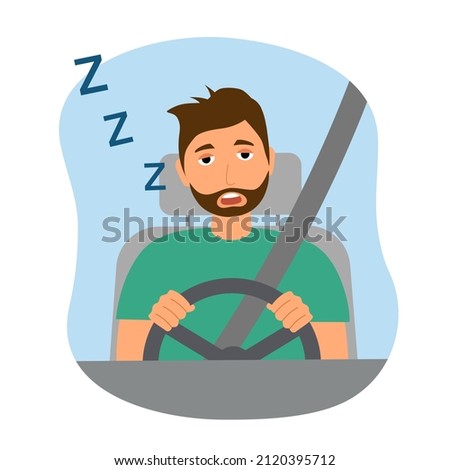 Young man sleepy while driving car in flat design on white background. Tired and fatigued driver concept. Royalty-Free Stock Photo #2120395712