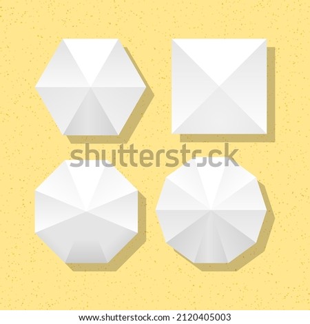 Sun protection white umbrellas top view set on golden sand background for safe sunbathing. Shadow shield of tents. Summer relaxation symbol in hotel or beach camping. Royalty-Free Stock Photo #2120405003