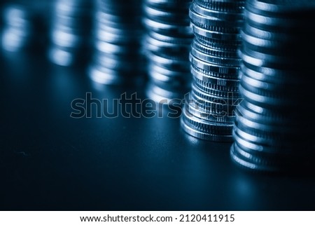 Pile of gold coins money stack in finance treasury deposit bank account saving . Concept of corporate business economy and financial growth by investment in valuable asset to gain cash revenue . Royalty-Free Stock Photo #2120411915
