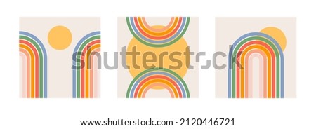 Trendy abstract set aesthetic backgrounds with sun and rainbow. Mid century wall decor  in style 60s, 70s. Retro vector design  for social media, blog post, template, interior design