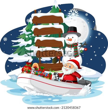 Snowy night with elves delivering gifts by boat illustration