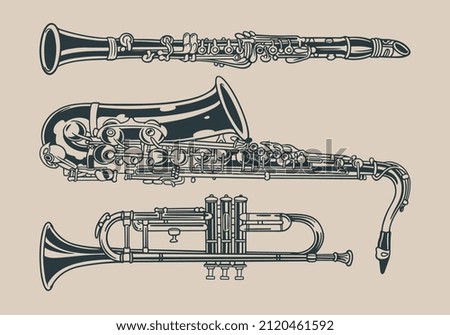 Seamless pattern with hand drawn doodle classical Musical Instrument. A collection of classical musical instruments that are blown. Vector illustration.