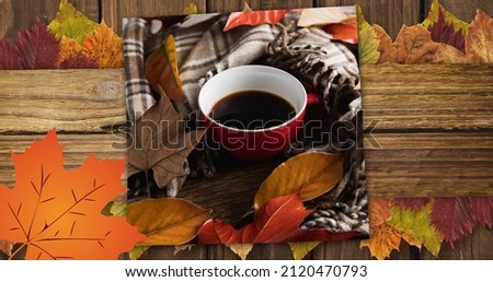 Composite image of black coffee at thanksgiving party and autumn leaves, copy space. thanksgiving celebration, tradition and autumn concept.