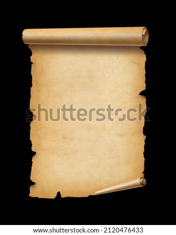 Old mediaeval paper sheet. Parchment scroll isolated on black background