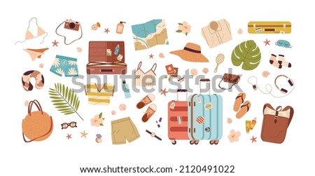 Beach stuff for summer travel set. Vacation accessories for sea holidays. Female items. Tourists objects bundle, suitcases, bags, bikini, map. Flat vector illustrations isolated on white background