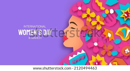 Female portrait with paper cut flowers. Happy Women's day. Happy Mother's Day. Abstract Hand drawn paper cut floral shapes. Trendy contemporary art. 8 March. Spring. Paper art work. Very peri color. Royalty-Free Stock Photo #2120494463