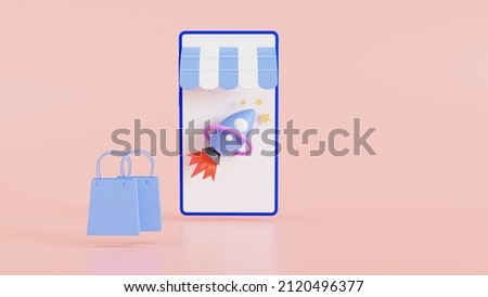 Cartoon rocket on smartphone with shopping bag. Delivery online concept. 3d rendering.
