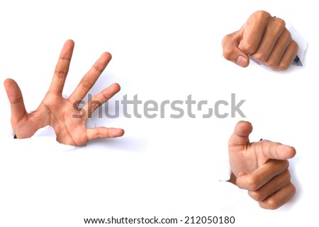 Hands over paper on white Backgrounds stock photo