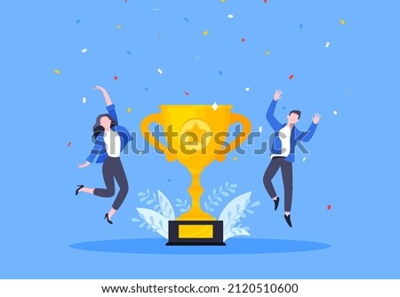 Employee recognition or proud workers of the month business concept flat style design vector illustration. Young adult people jump in the air with trophy cup. Royalty-Free Stock Photo #2120510600