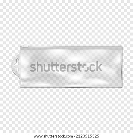 Clear plastic bag with zip lock and hanging slot on transparent background, realistic vector mockup. Empty zipper pvc vinyl package, mock-up Royalty-Free Stock Photo #2120515325