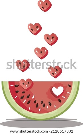 Juicy slice of a watermelon with a rain of cut out hearts