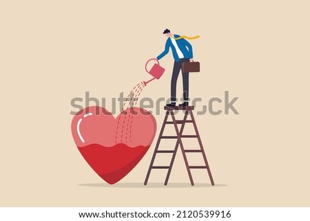 Work passion, motivation to success and win business competition, mindset or attitude to work in we love to do concept, businessman pouring water to fulfill heart shape metaphor of passion. Royalty-Free Stock Photo #2120539916