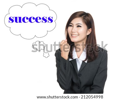 Thinking success woman looking up on speech bubble,Thai girl.Closeup portrait successful smiling lady,Positive human emotions,facial expressions,feeling ,signs,symbol,shot isolated on white background