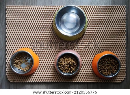 Flatlay with cat bowls on the mat Royalty-Free Stock Photo #2120556776