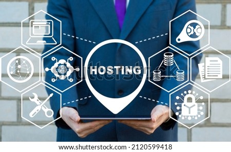 Concept of web hosting. Internet hosting, business, domain, website, SEO, data, cloud service, backup, support, security and maintenance.