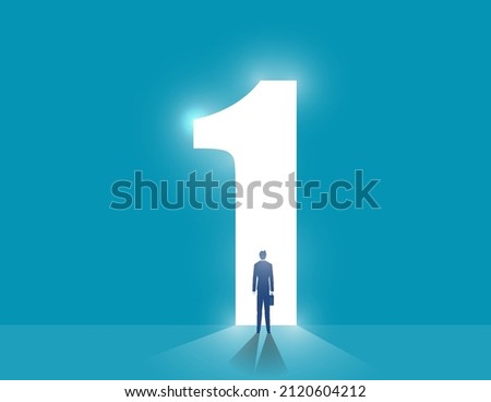 Standing in front of an open door in shape of number one. Business vector illustration Royalty-Free Stock Photo #2120604212