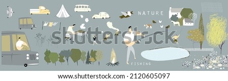 Relaxation. Camping. Set of cute summer vector elements with fishing, lake, nature, trees, cars, kids for print, design, poster, banner, postcard, design, stickers.