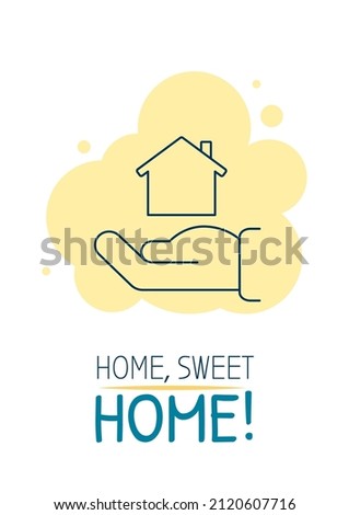 Home, sweet home congrats postcard with linear glyph icon. Greeting card with decorative vector design. Simple style poster with creative lineart illustration. Flyer with holiday wish