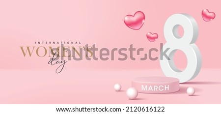 Women's day banner for product demonstration. Pink pedestal or podium with number 8 and hearts on pink background. Royalty-Free Stock Photo #2120616122