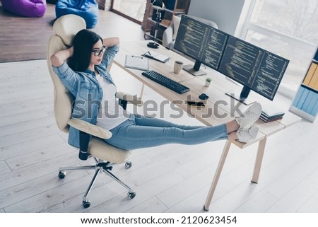 Full length photo of korean lady designer sit chair sleep after security server java script writing in workspace