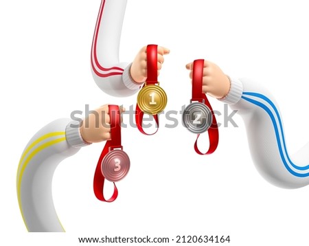 Three Funny cartoon flexible hand with a medal, clip art isolated on white background. Sport metaphor 2022, revealing the concept of victory and the start of the season. 3d render