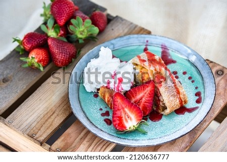 apple dessert with fresh fruit and whipped cream