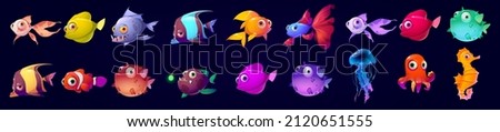 Cute underwater animals, fish, seahorse, jellyfish and octopus. Vector cartoon set of aquarium characters, funny marine creatures, puffer fish isolated on black background