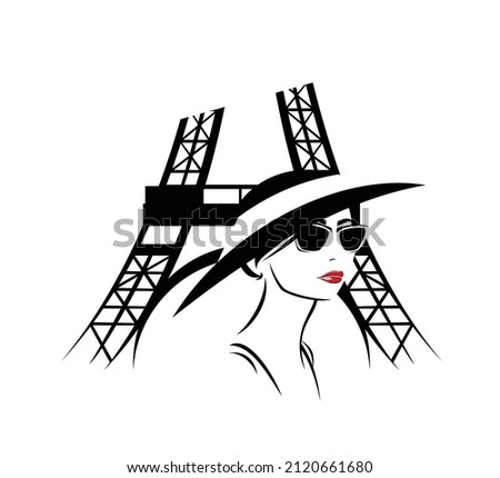 young woman wearing sunglasses and wide brimmed hat by parisian eiffel tower - fashion blogger or tourist in Paris vector design
