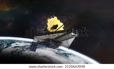 The James Webb telescope take-off from Earth planet. Elements of this image furnished by NASA.  Royalty-Free Stock Photo #2120663048