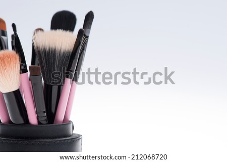 Close-up of Set of professional  different sizes make-up brushes in black tube isolated on white background with copy place 