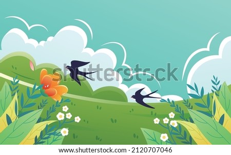 Family on a spring tour on the meadow outdoors with peach blossoms and plants in the foreground and clouds in the background, vector illustration Royalty-Free Stock Photo #2120707046