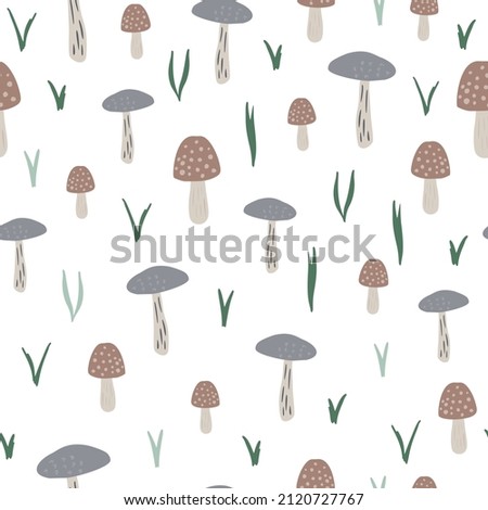 mushrooms seamless pattern. Creative autumn botanical texture. Vector forest background. Design for fabric, textile print, wrapping, cover