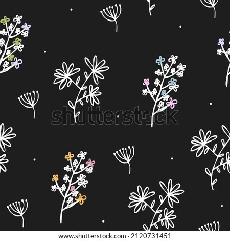 Hand drawn doodle seamless black wallpaper white line flowers. Cute pastel colors vector pattern for paper, fabric, children.