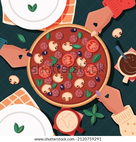Top view of table with pizza and friends sharing. People taking slices, having a meal, with drinks. Colorful vector illustration. 