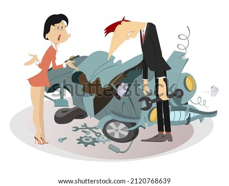 Sad man, angry woman and broken car illustration. 
Upset woman asks the man to do something with the broken car isolated on white

