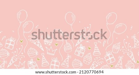 Fun hand drawn party seamless background with cakes, gift boxes, balloons and party decoration. Great for birthday parties, textiles, banners, wallpapers, wrapping - vector design Royalty-Free Stock Photo #2120770694